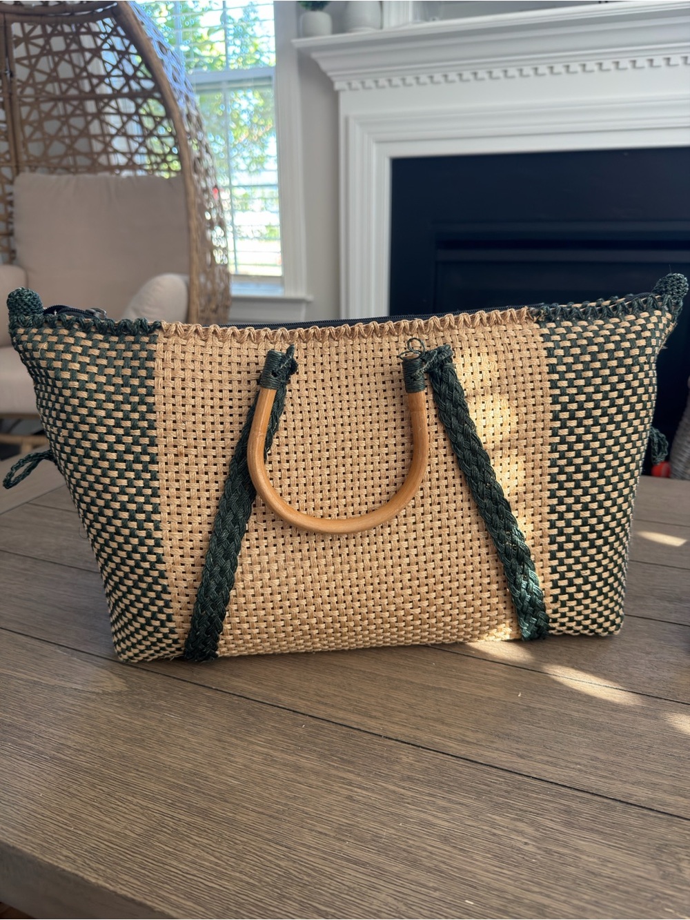 Woven Straw Tote Bag with Green Accents - Picture 4 of 6